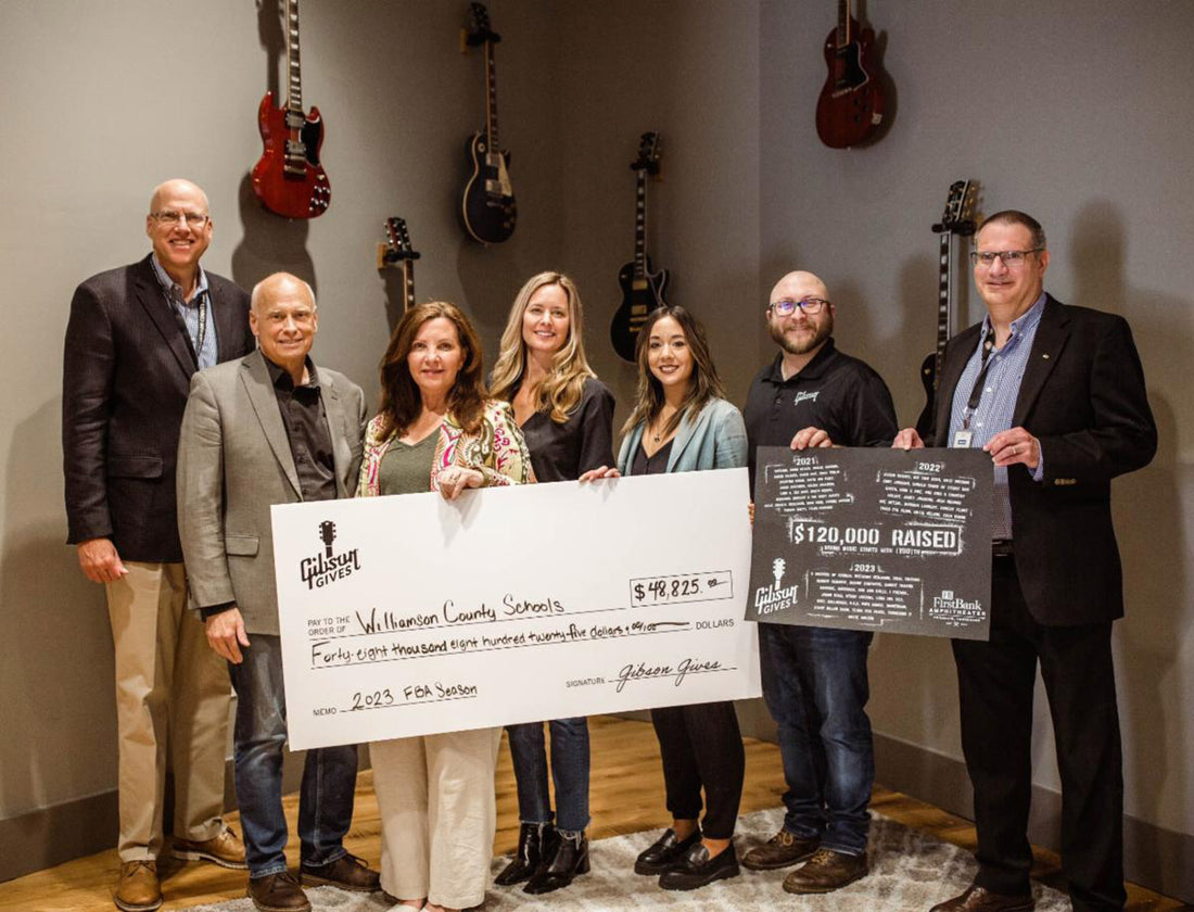 Banner Image For Gibson Gives and Firstbank Amphitheater Music Education Program announce results of music icons guitar auction