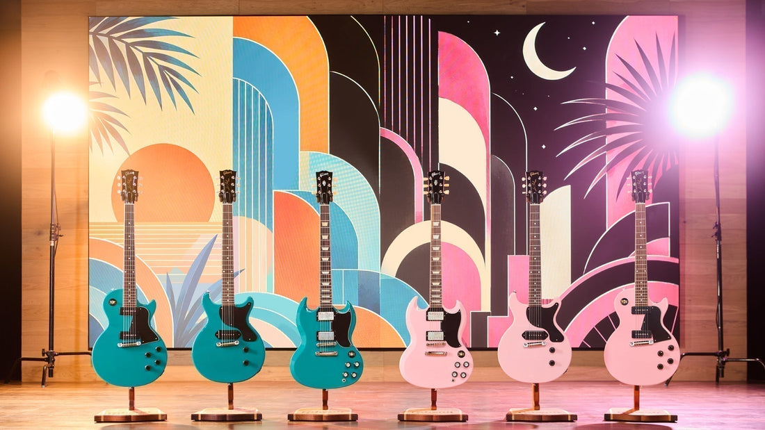 Miami exclusive Gibson Les Paul Studio, Junior, and SG models in Miami Blue and Miami Pink