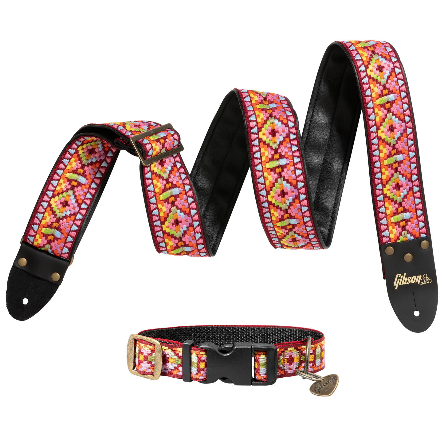 Gibson Guitar Strap Dog Collar Combo Set, Pink Dog Collar Gibson Small Pink