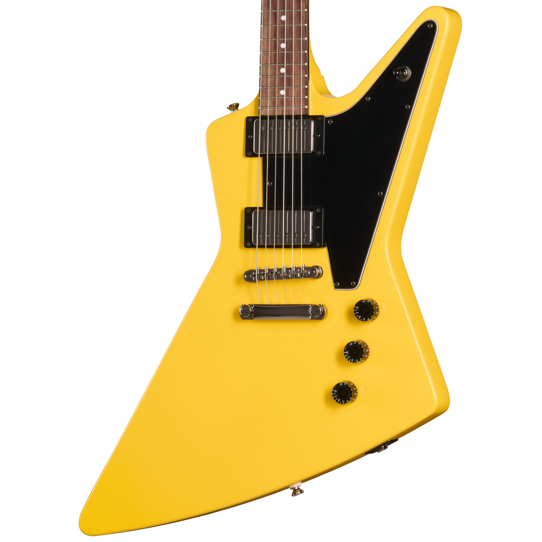 Yellow electric guitar with a black pickguard on a white background