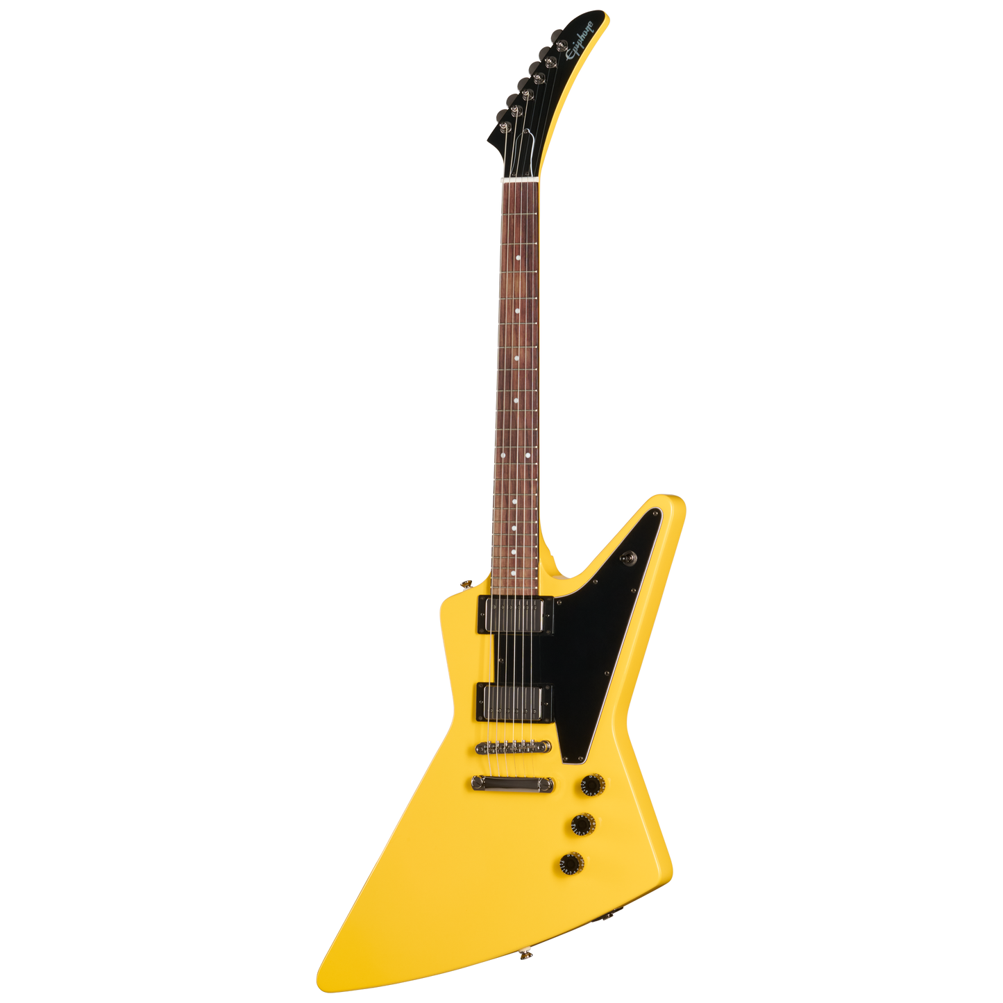 Yellow electric guitar with black details on a white background