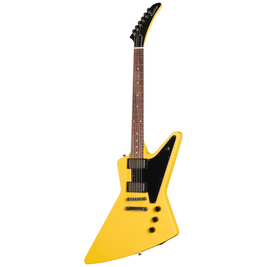 Yellow electric guitar with black details on a white background