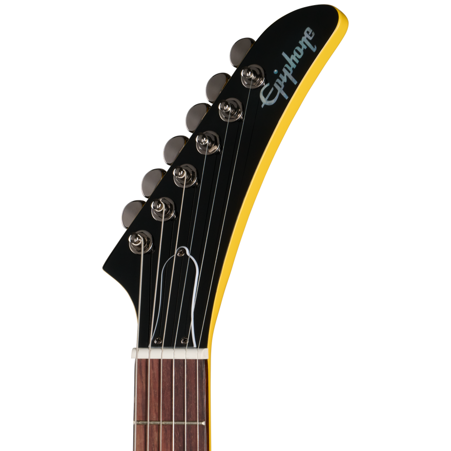 Guitar headstock with Epiphone logo on a white background