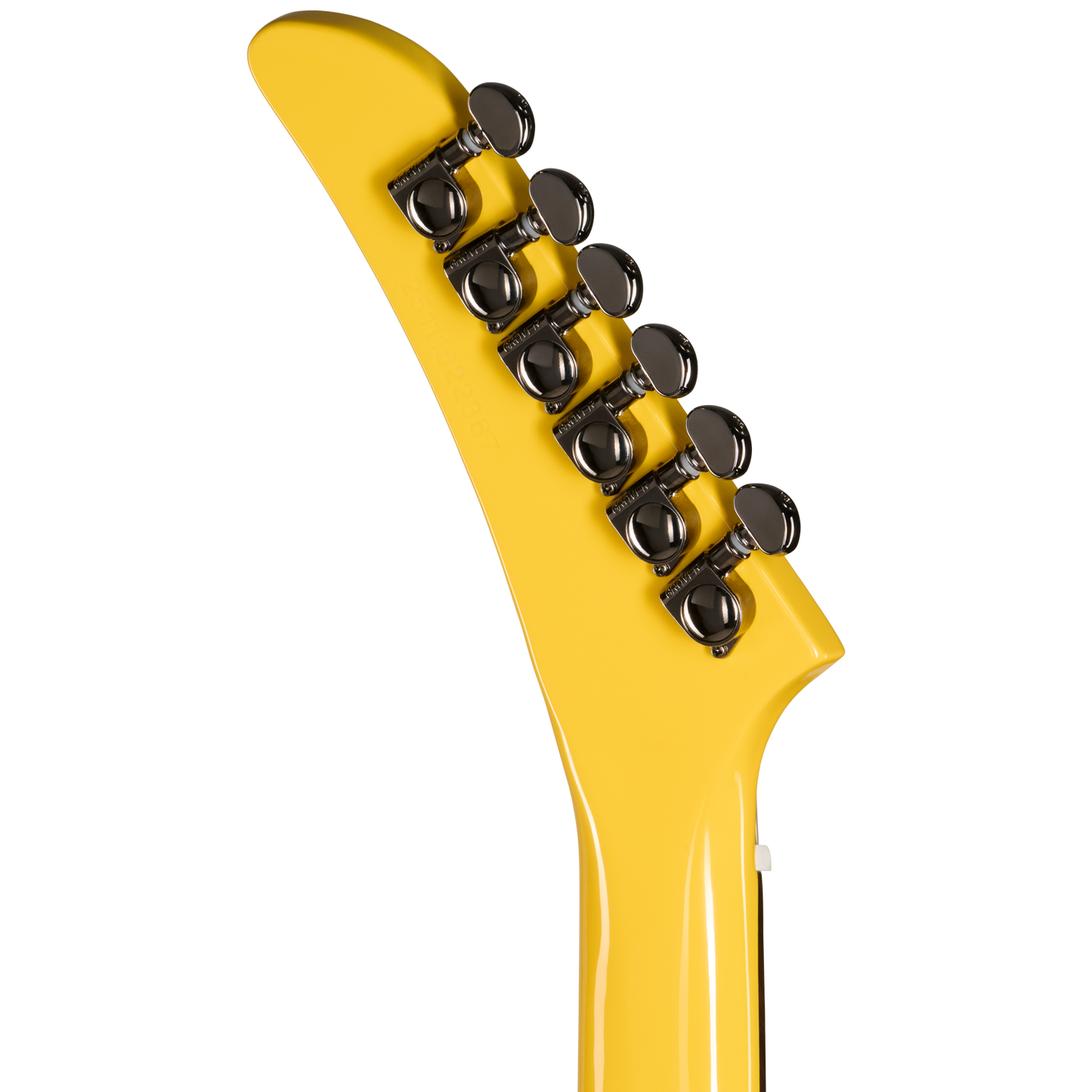 Close-up of a yellow electric guitar neck with tuning pegs on a white background