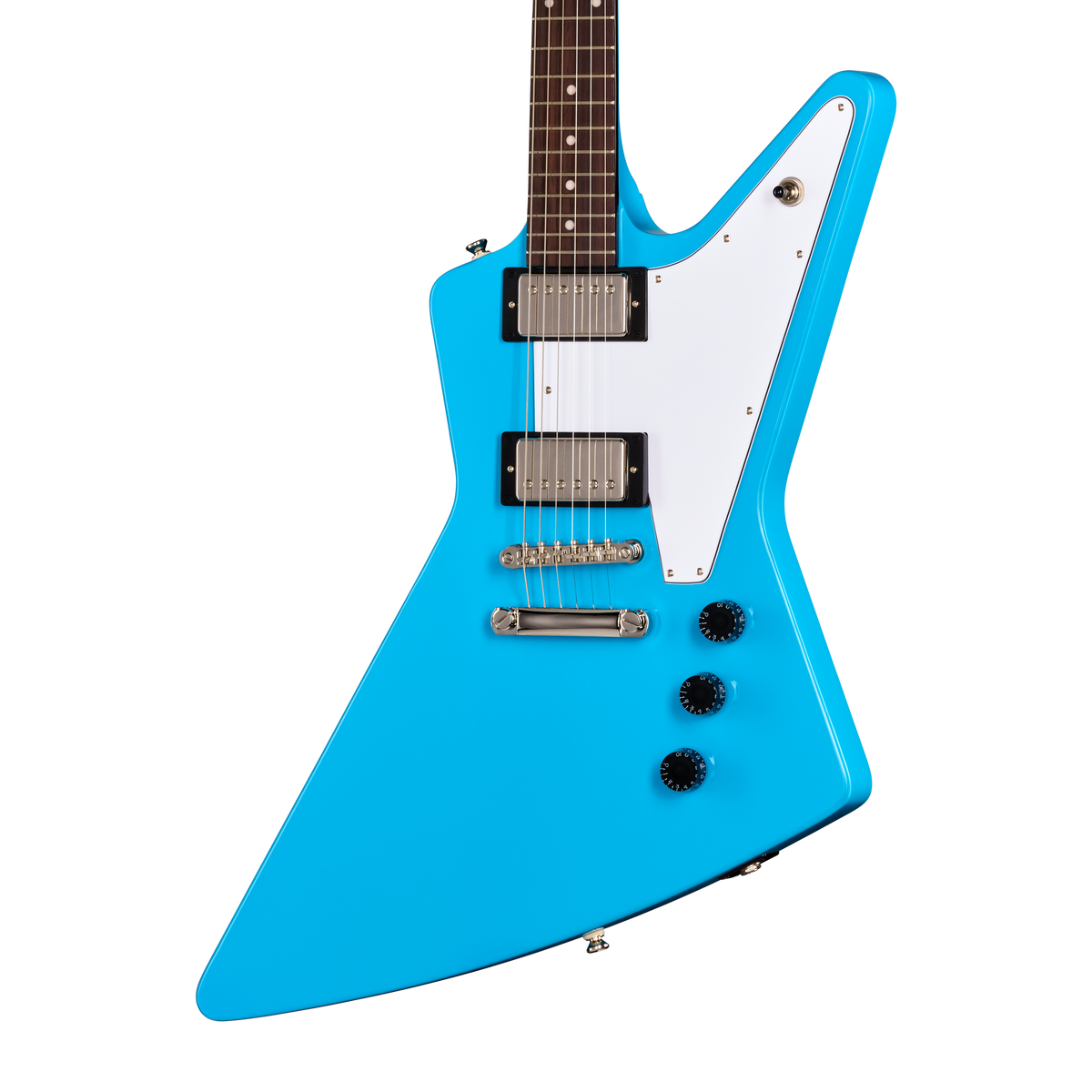 Blue and white electric guitar on a white background