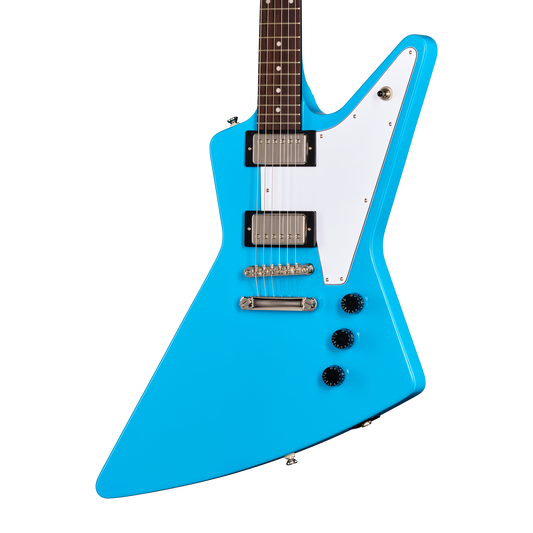 Blue and white electric guitar on a white background