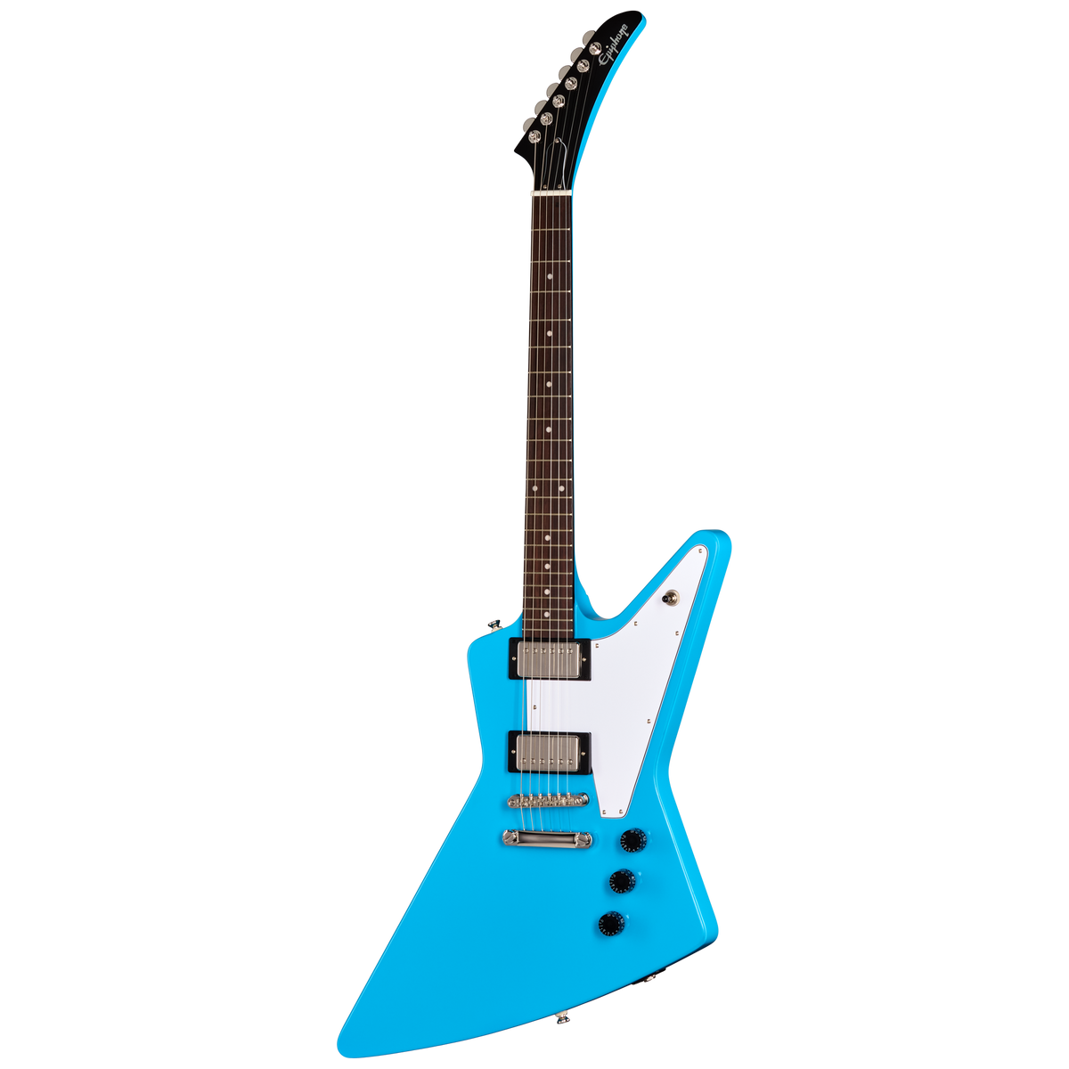 Blue electric guitar with a white pickguard on a white background