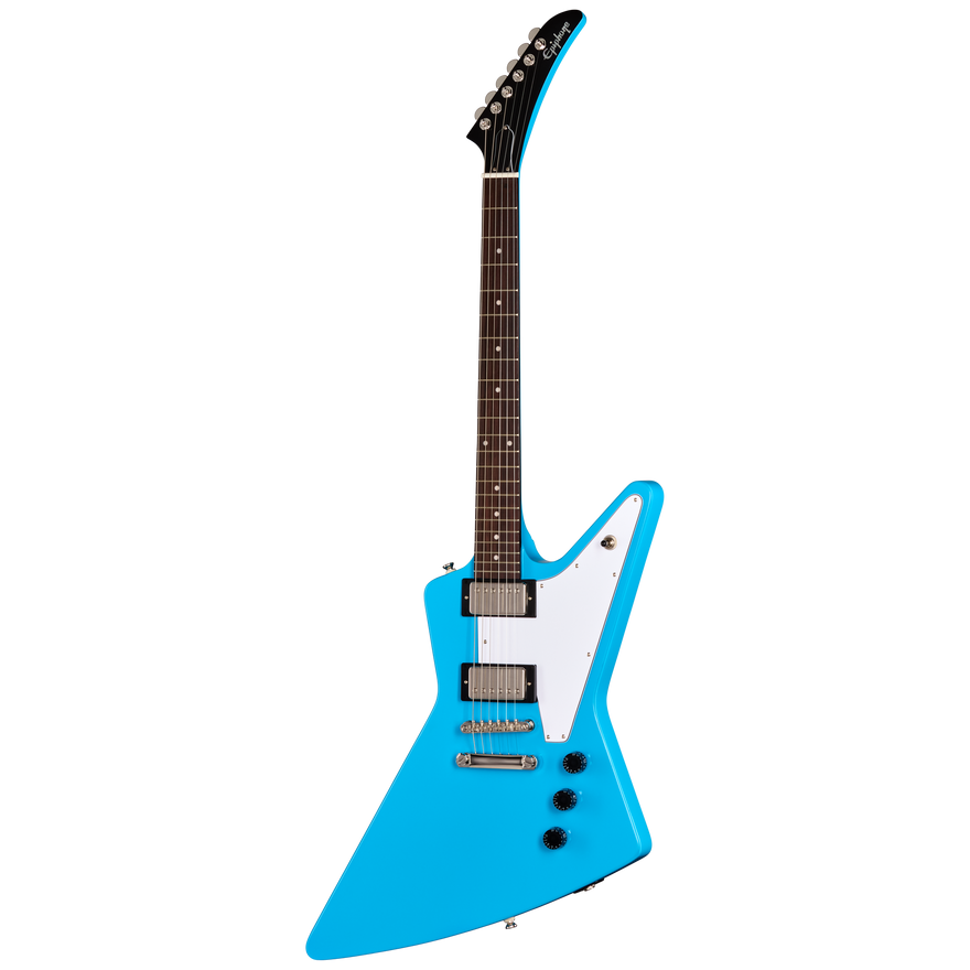 Blue electric guitar with a white pickguard on a white background