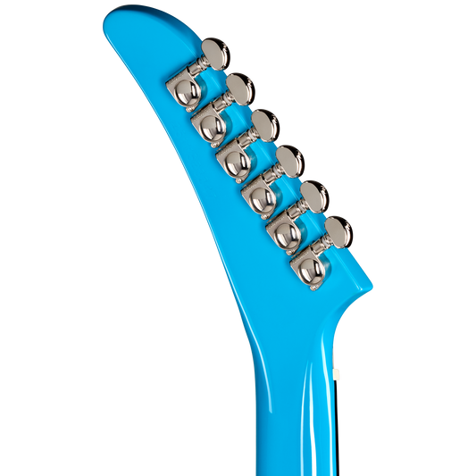 Close-up of a blue guitar neck with tuning pegs on a white background