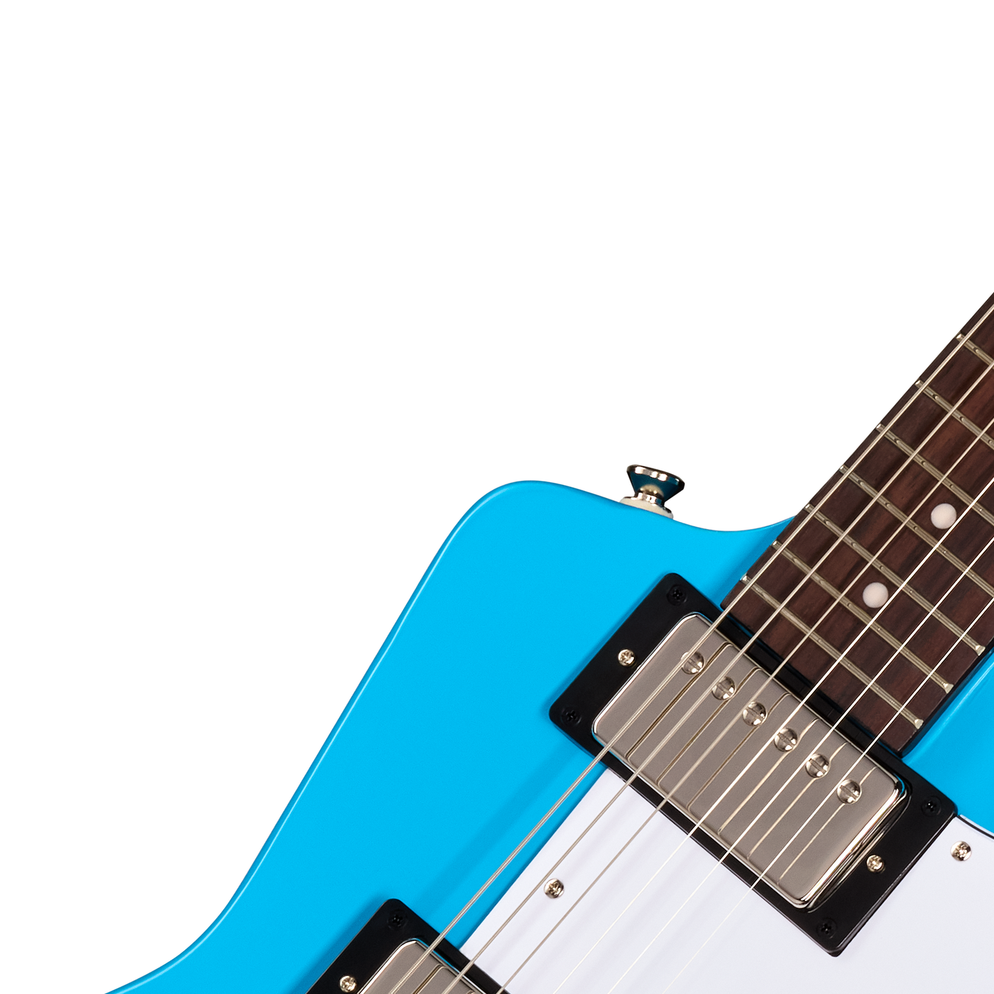 Close-up of a blue electric guitar on a white background