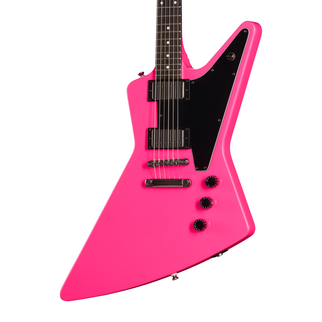 Pink electric guitar with a black pickguard on a white background