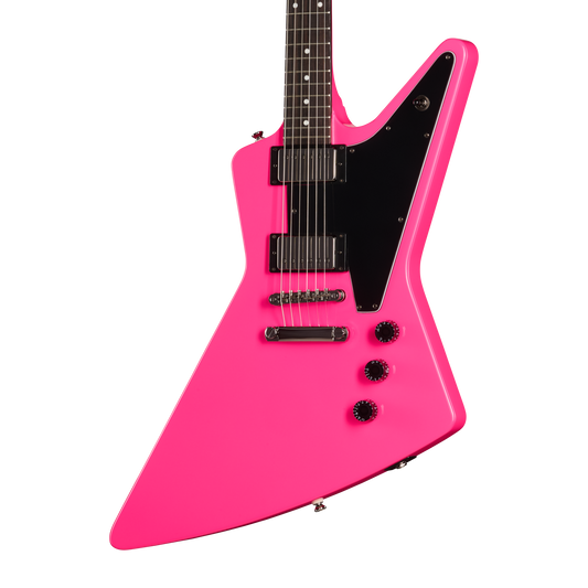 Pink electric guitar with a black pickguard on a white background