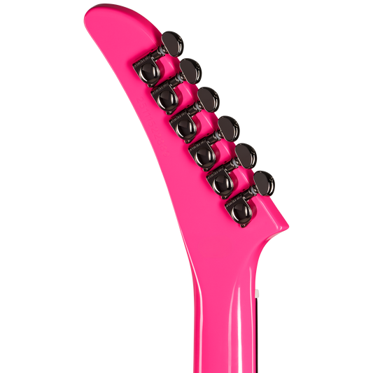 Close-up of a pink guitar neck with tuning pegs on a white background