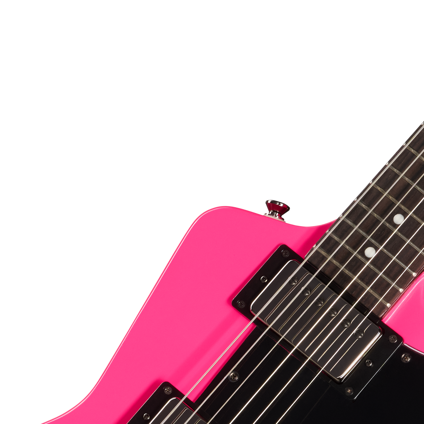 Close-up of a pink electric guitar on a white background