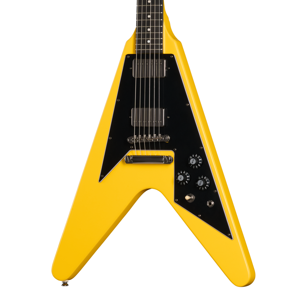 Yellow electric guitar with black pickguard on a white background