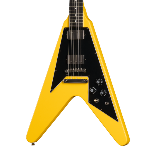 Yellow electric guitar with black pickguard on a white background