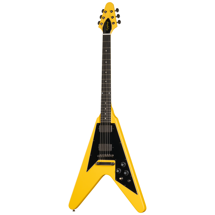 Yellow and black electric guitar on a white background
