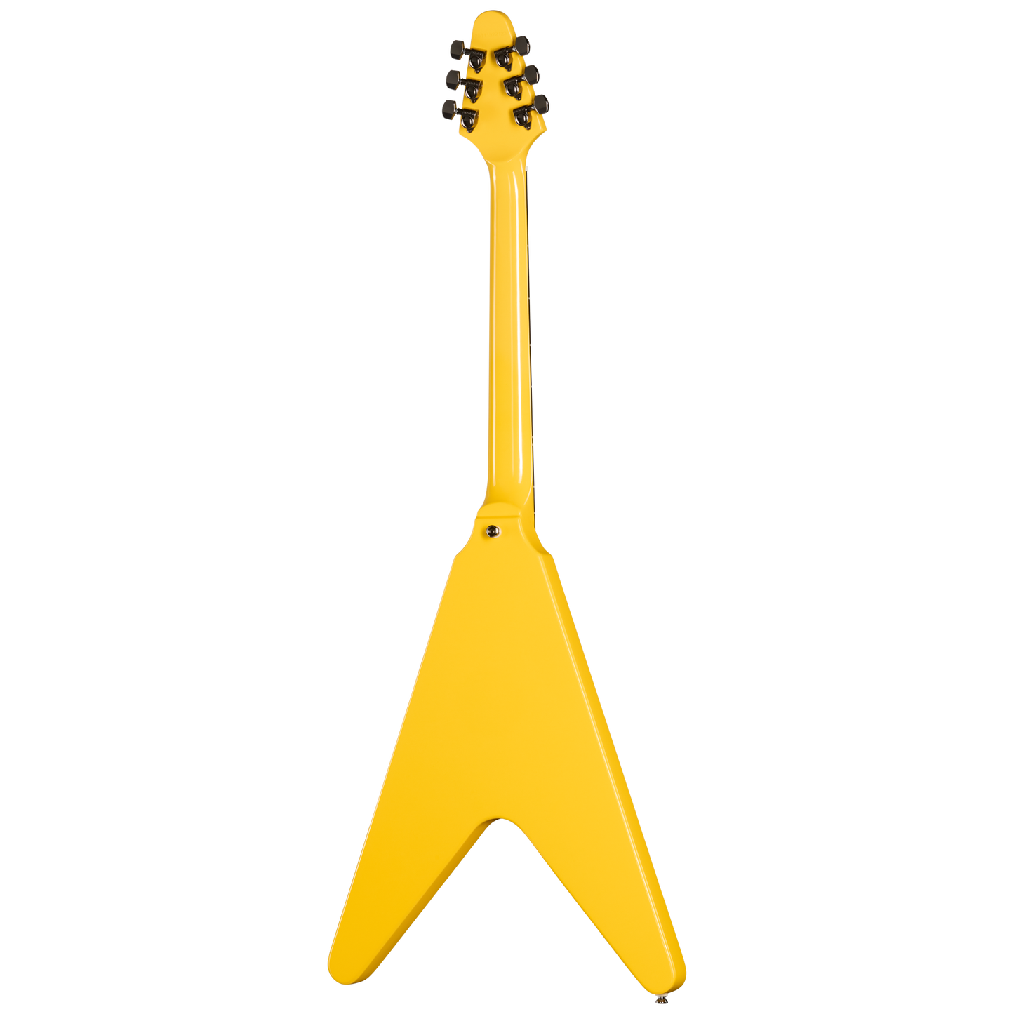 Yellow electric guitar with a unique design on a white background