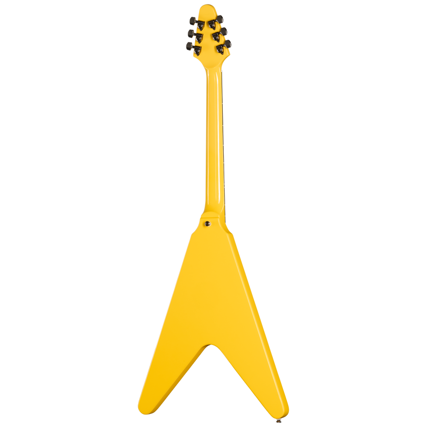 Yellow electric guitar with a unique design on a white background