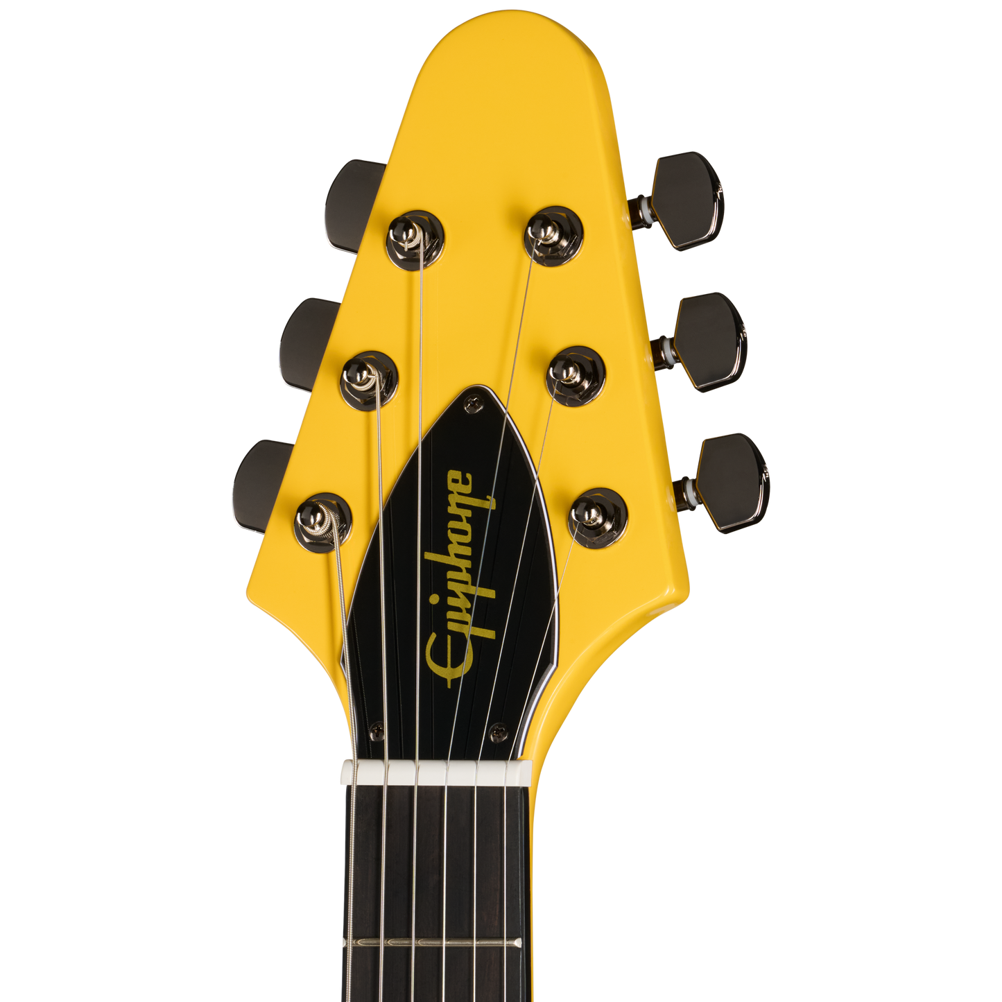 Yellow electric guitar headstock with Epiphone logo on a white background