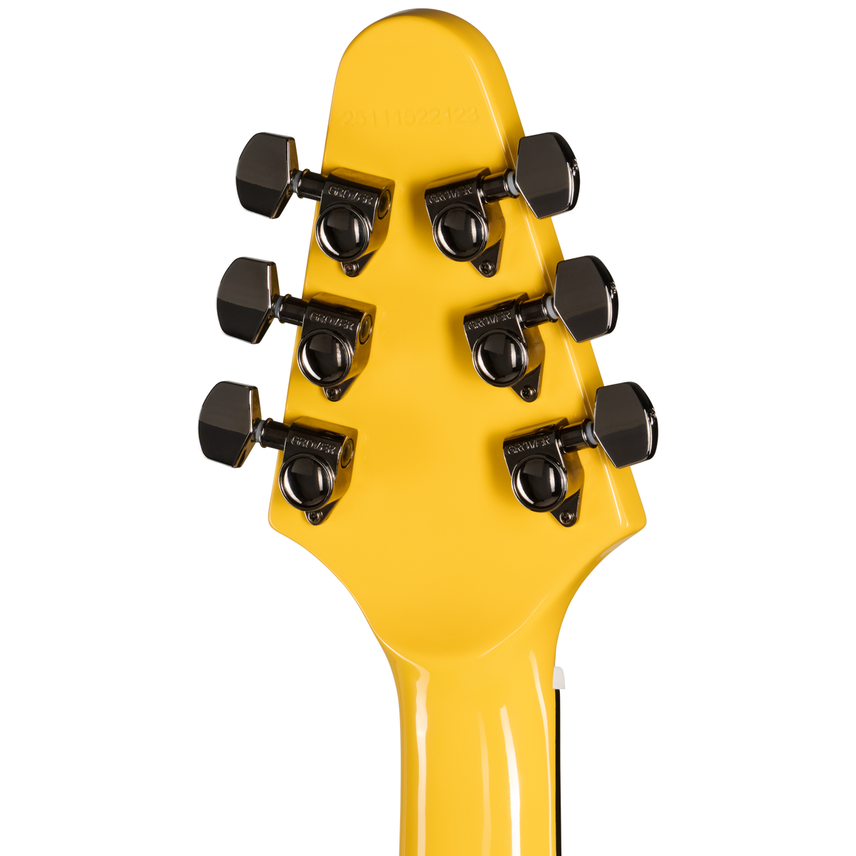 Close-up of a yellow guitar headstock with tuning pegs on a white background
