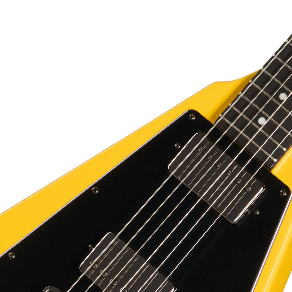 Close-up of a yellow electric guitar with a black pickguard on a white background