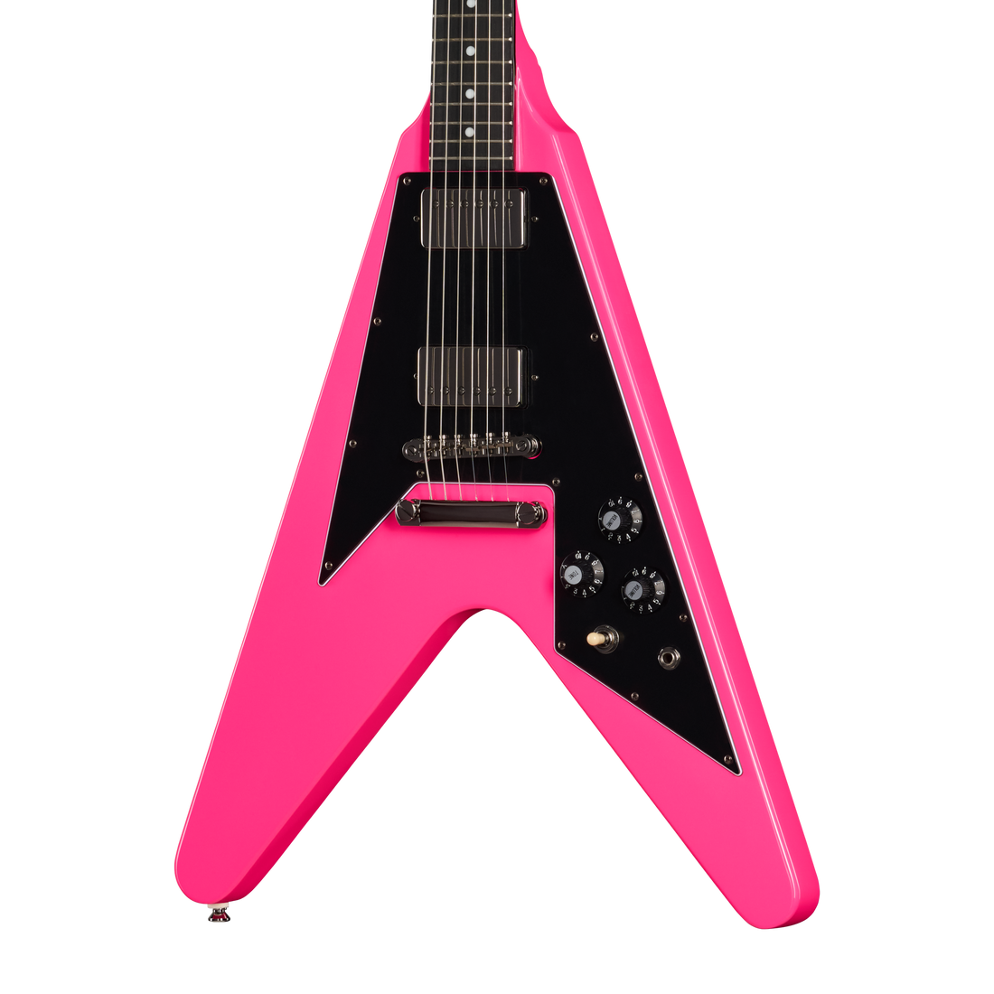 Pink and black guitar with a unique design on a white background