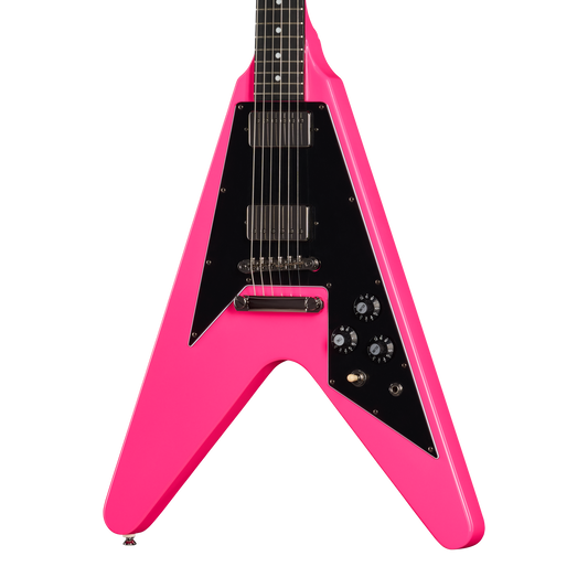 Pink and black guitar with a unique design on a white background
