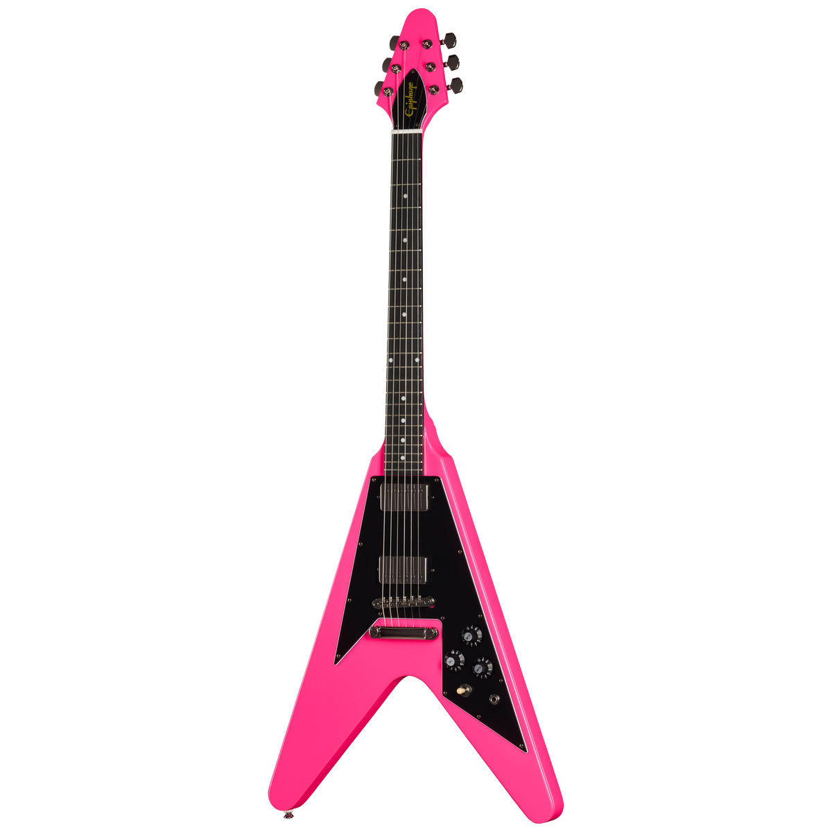 Pink and black guitar on a white background