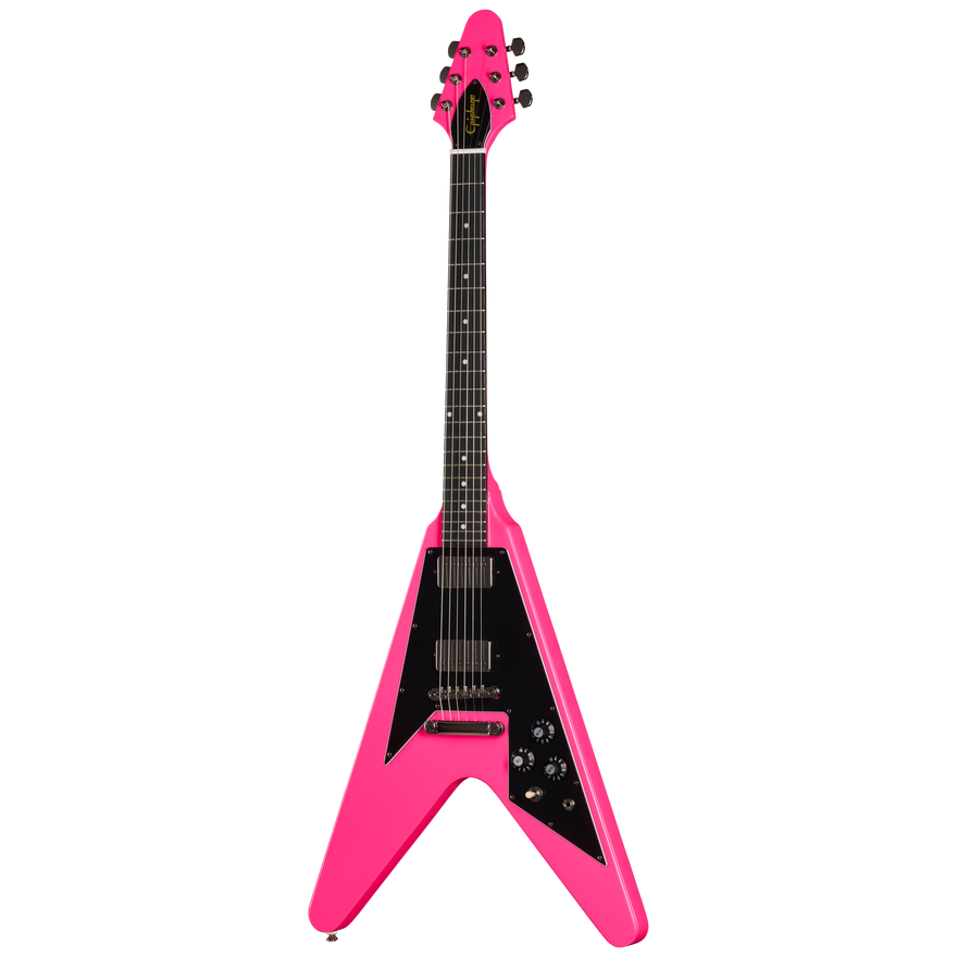 Pink and black guitar on a white background