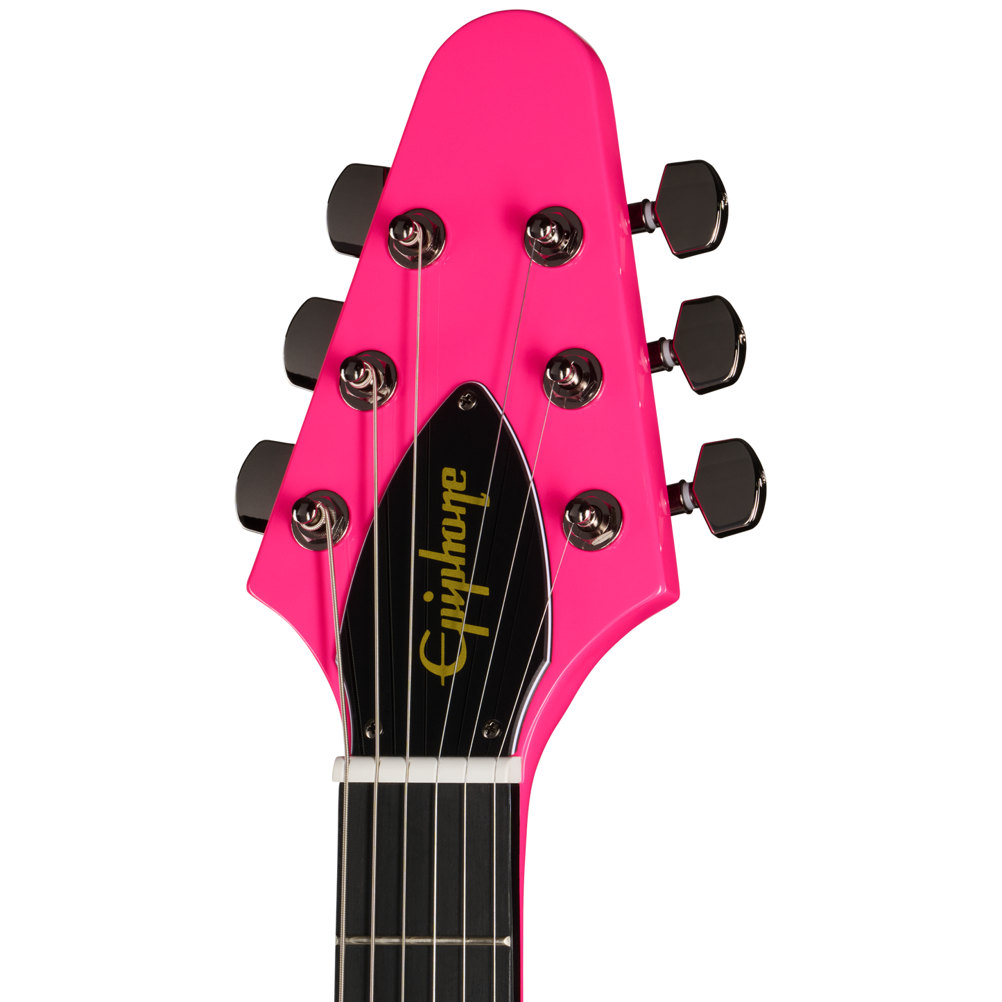 Close-up of a pink Epiphone guitar headstock on a white background
