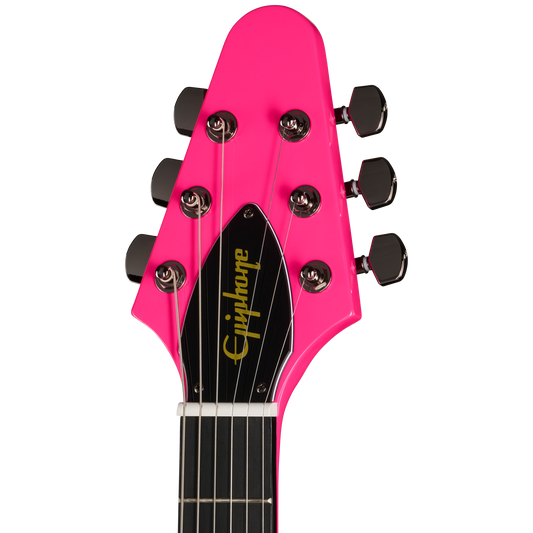 Close-up of a pink Epiphone guitar headstock on a white background