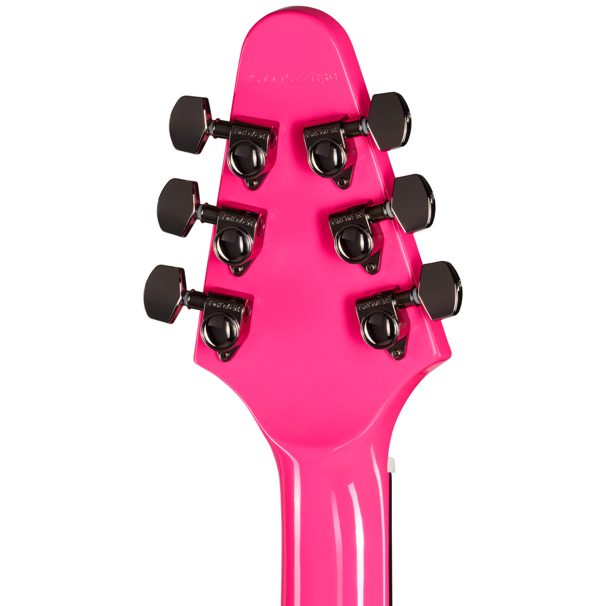 Close-up of a pink guitar headstock with tuning pegs on a white background