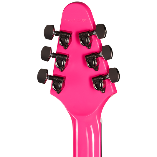 Close-up of a pink guitar headstock with tuning pegs on a white background
