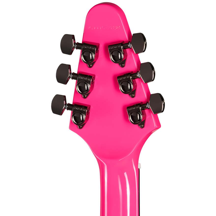 Close-up of a pink guitar headstock with tuning pegs on a white background