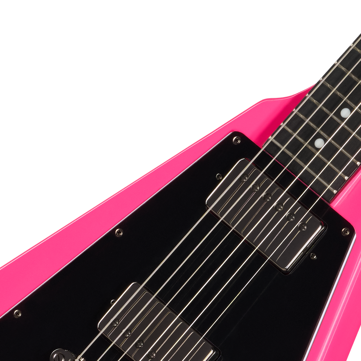 Close-up of a pink and black electric guitar on a white background