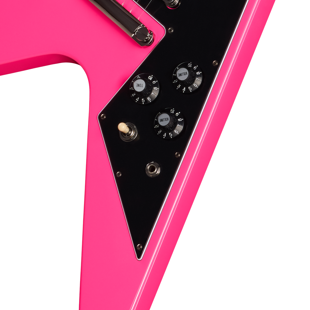 Close-up of a pink electric guitar with black control panel on a white background