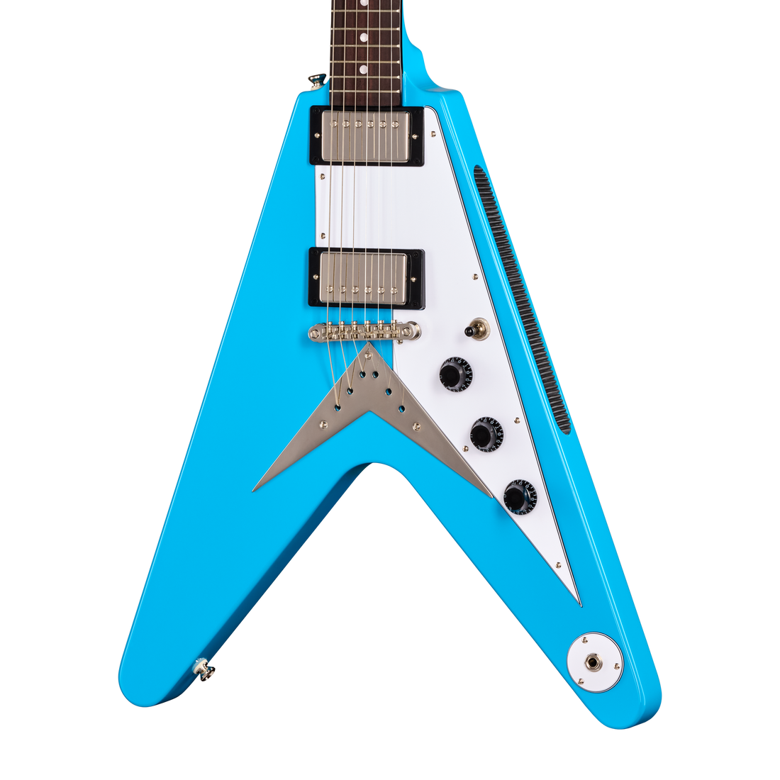 Blue and white guitar with a distinctive shape on a white background
