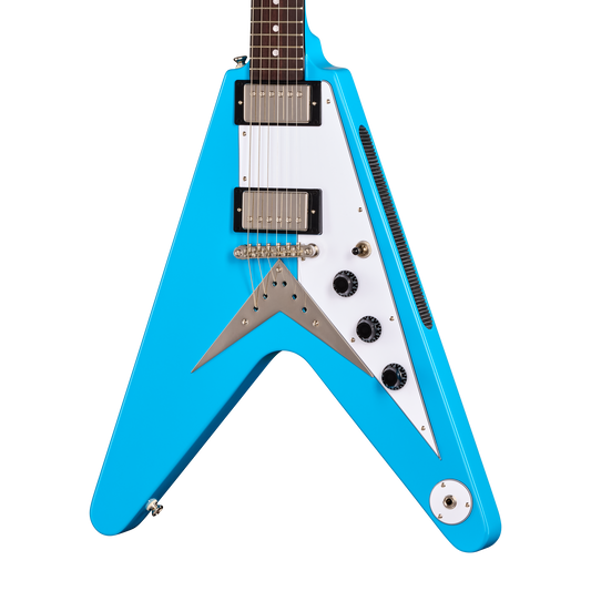 Blue and white guitar with a distinctive shape on a white background