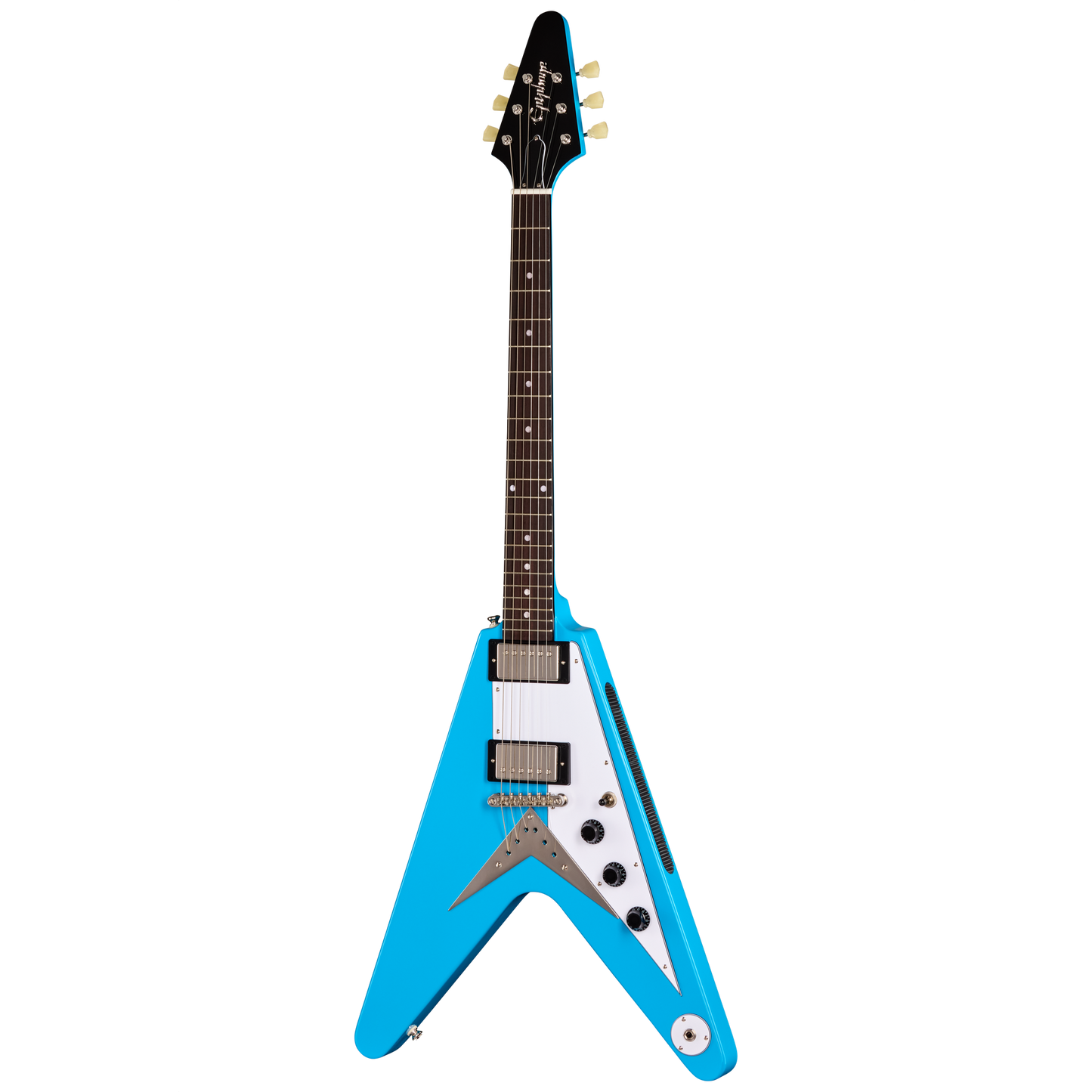 Blue and white electric guitar on a white background