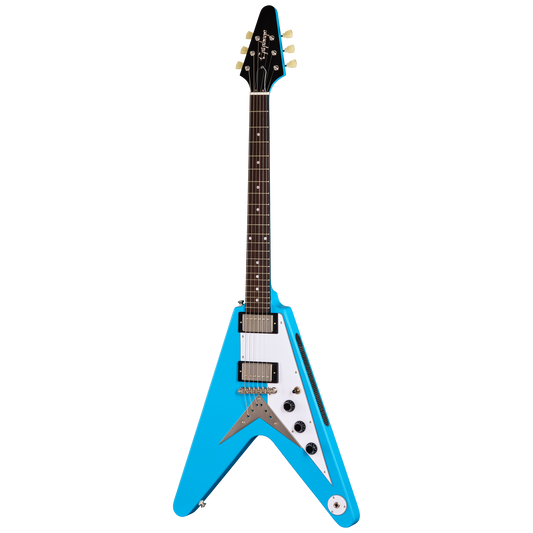 Blue and white electric guitar on a white background