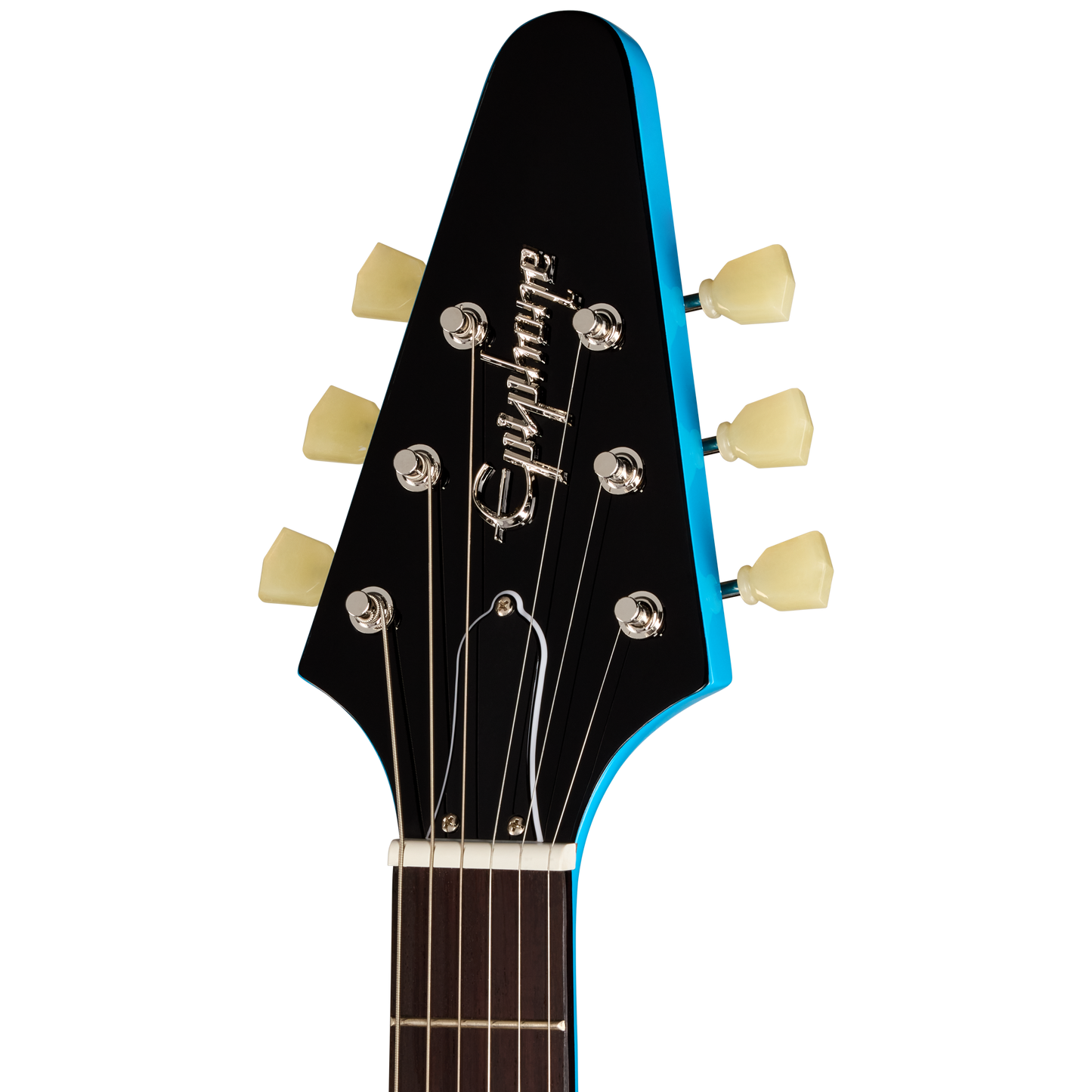 Guitar headstock with brand name on a white background