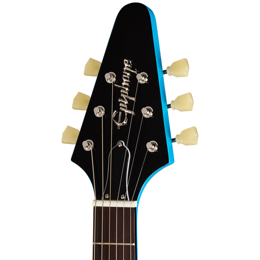 Guitar headstock with brand name on a white background