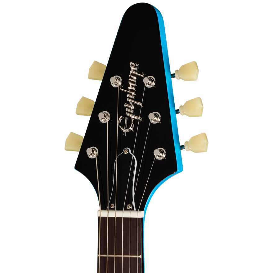Guitar headstock with brand name on a white background