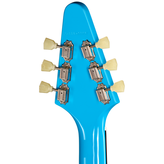 Close-up of a blue guitar headstock with tuning pegs on a white background