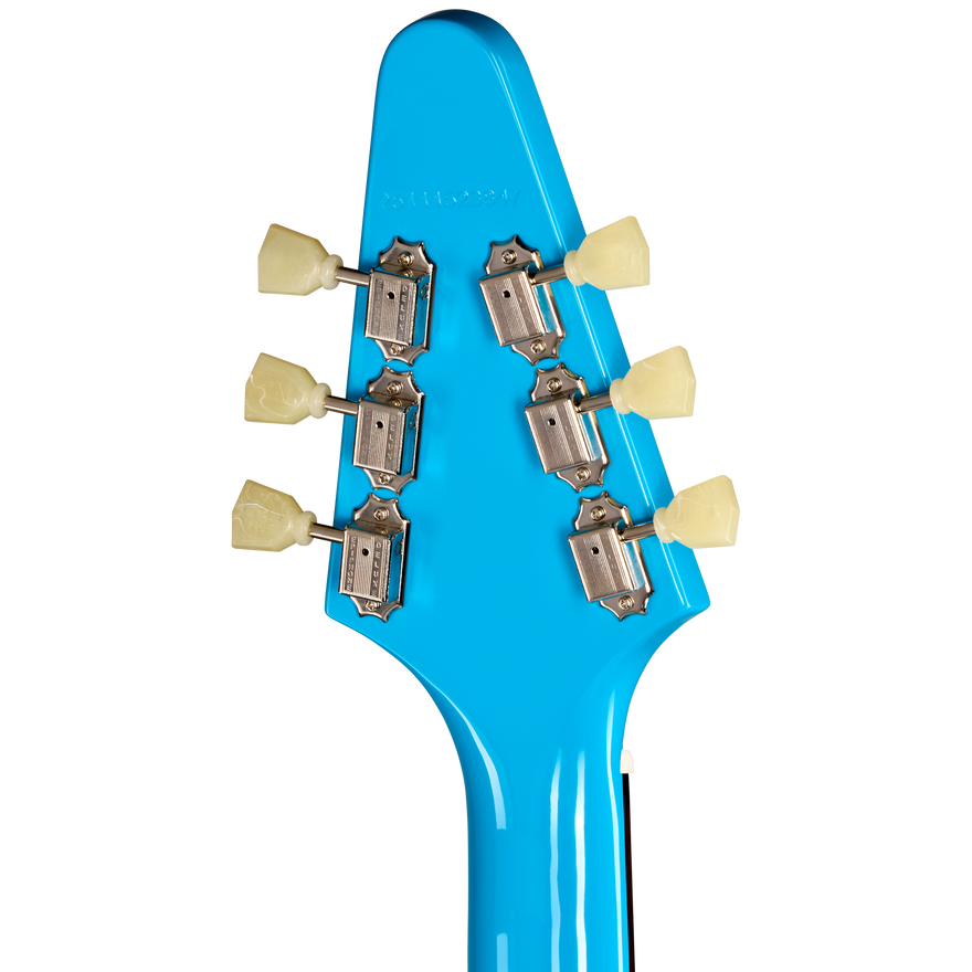 Close-up of a blue guitar headstock with tuning pegs on a white background