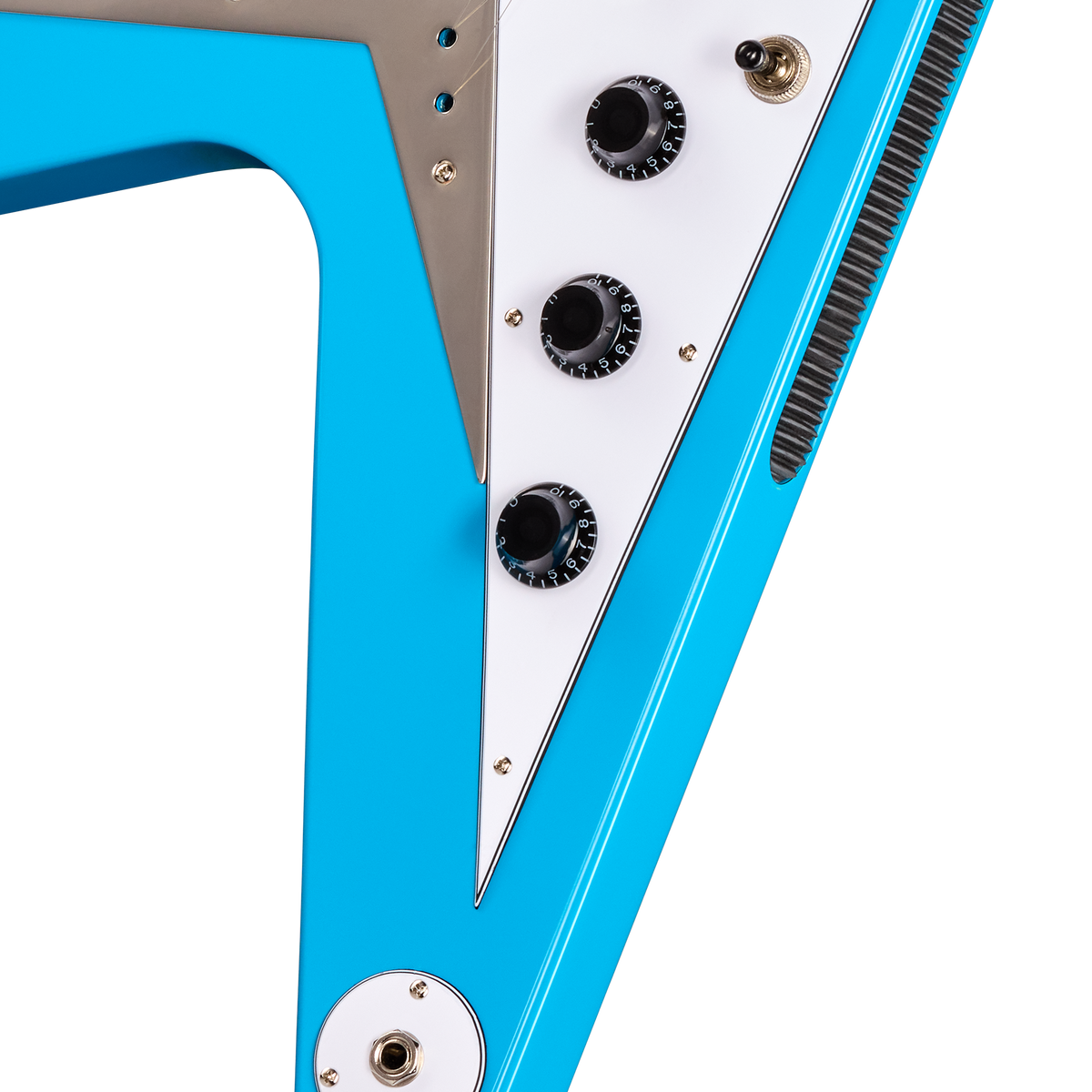 Close-up of a blue electric guitar with white accents and black components on a white background