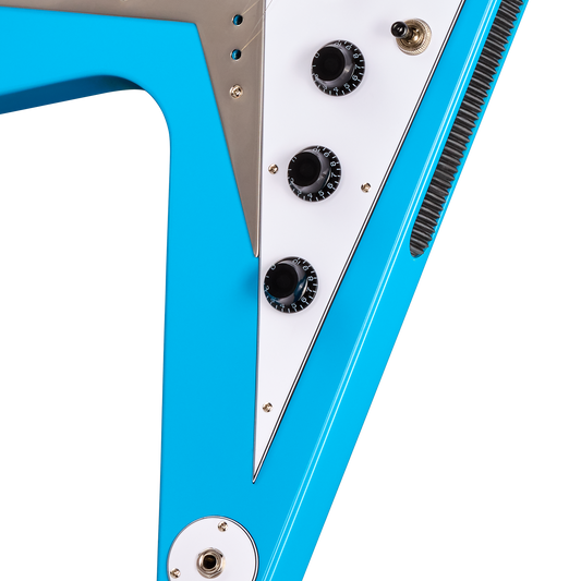 Close-up of a blue electric guitar with white accents and black components on a white background