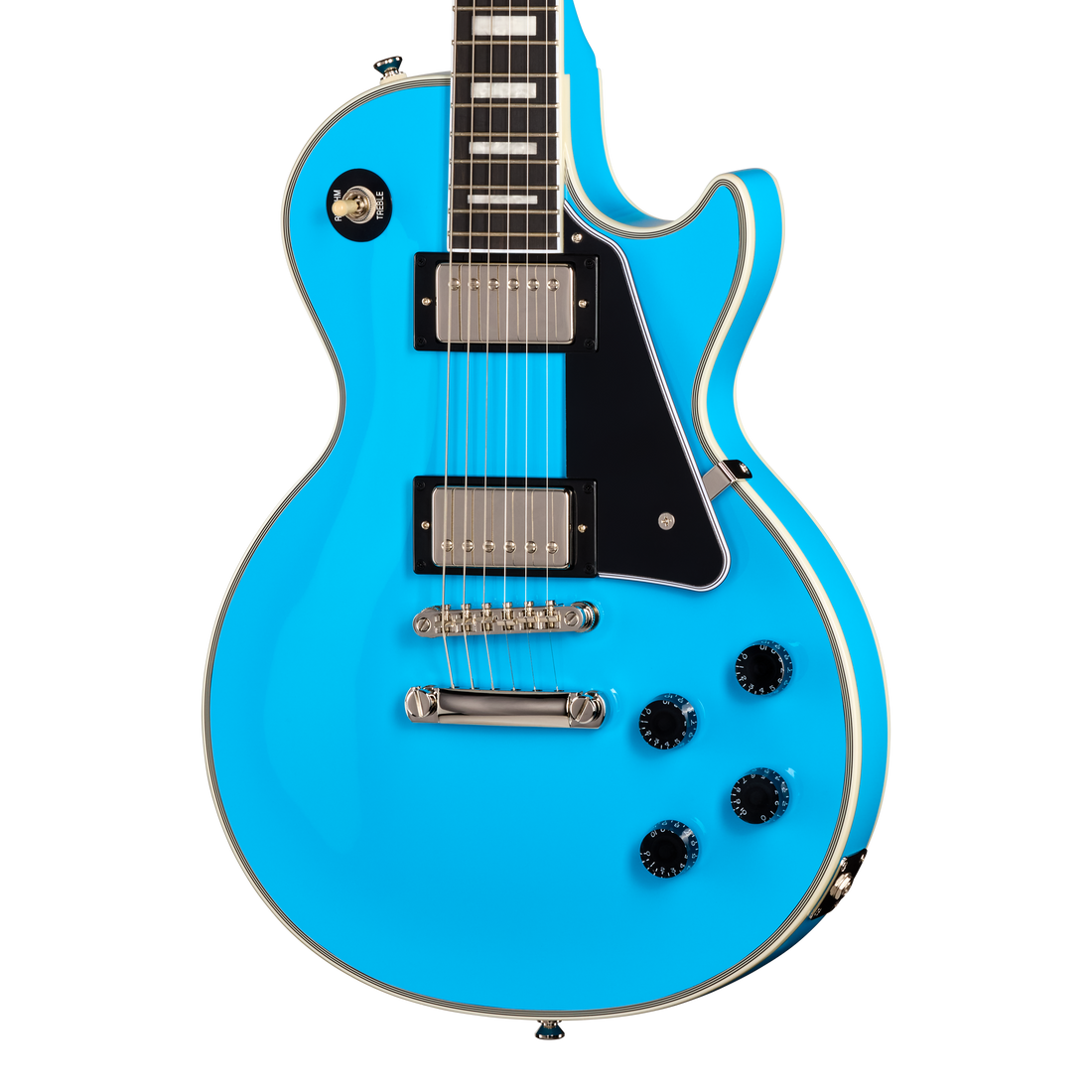 Blue electric guitar on a white background