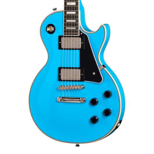 Blue electric guitar on a white background